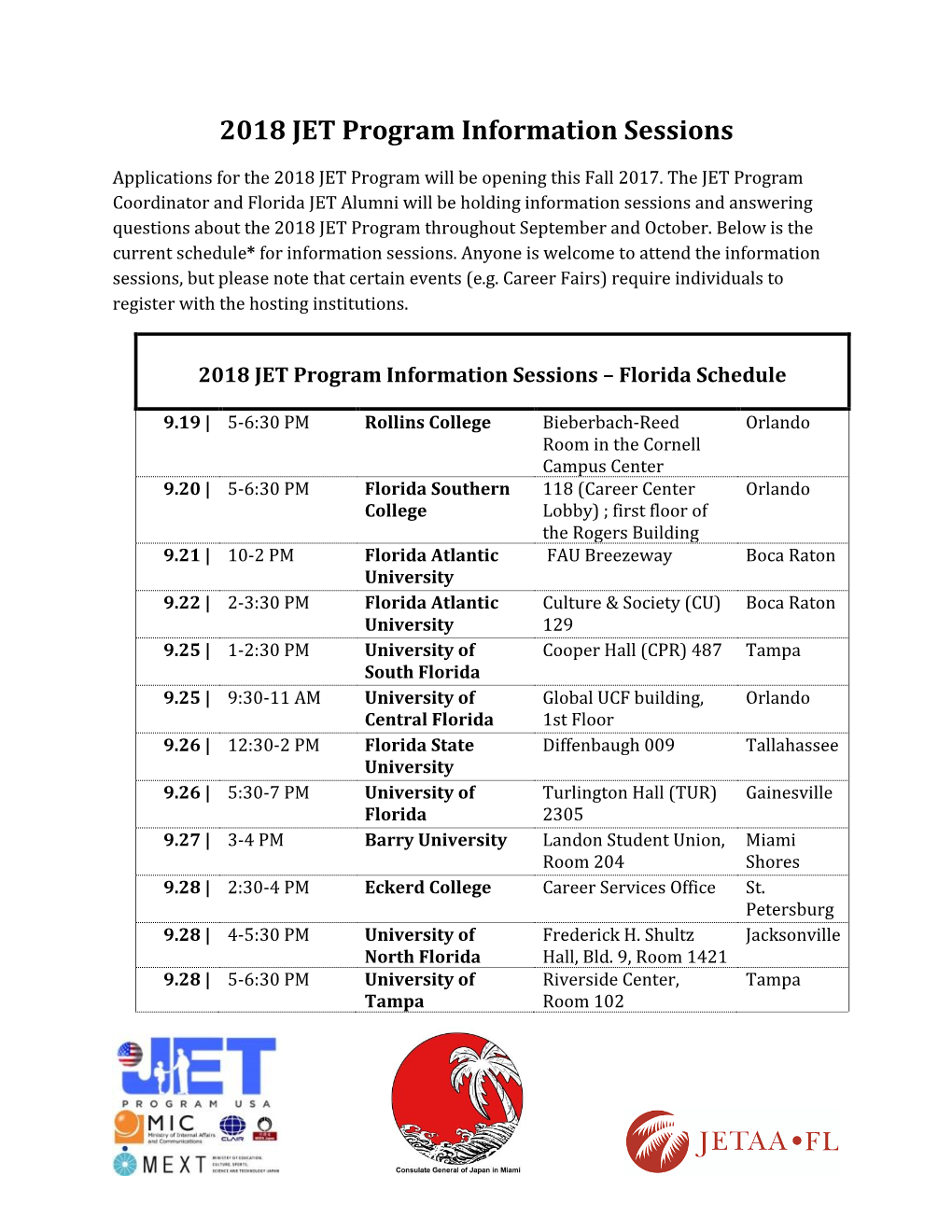 2018 JET Program Information Sessions