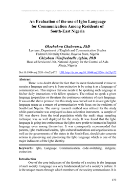 An Evaluation of the Use of Igbo Language for Communication Among Residents of South-East Nigeria