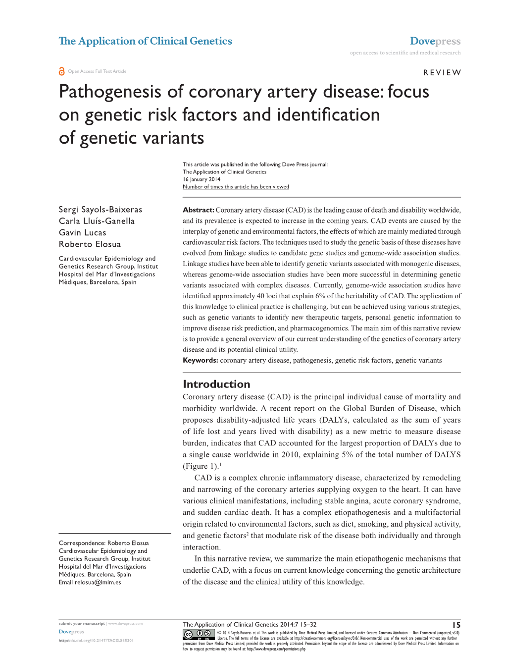 Pathogenesis of Coronary Artery Disease: Focus on Genetic Risk Factors and Identification of Genetic Variants