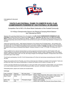 Youth Flag Football Teams to Compete in Nfl Flag Championships Powered by Usa Football in Orlando