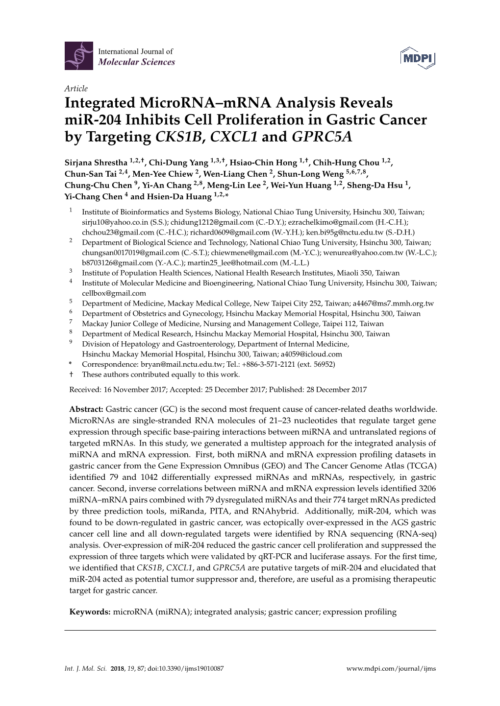 Integrated Microrna–Mrna Analysis Reveals Mir-204 Inhibits Cell Proliferation in Gastric Cancer by Targeting CKS1B, CXCL1 and GPRC5A