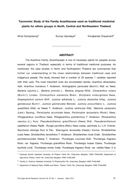 Taxonomic Study of the Family Acanthaceae Used As Traditional Medicinal Plants for Ethnic Groups in North, Central and Northeastern Thailand