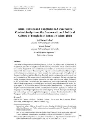 Islam, Politics and Bangladesh: a Qualitative Content Analysis on the Democratic and Political Culture of Bangladesh Jamaat-E-Islami (BJI)