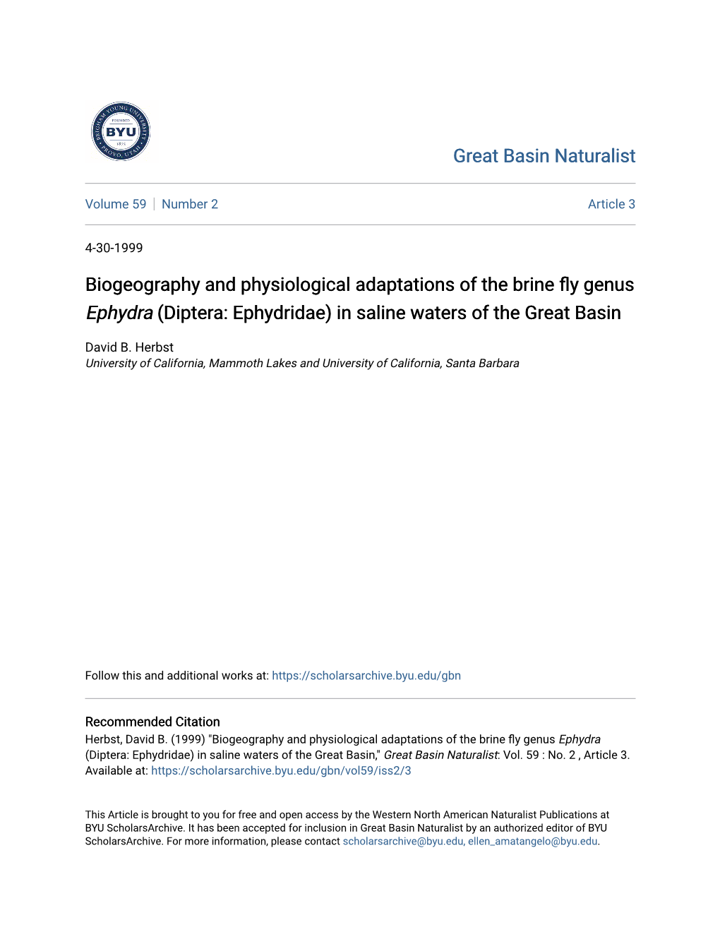 Biogeography and Physiological Adaptations of the Brine Fly Genus Ephydra (Diptera: Ephydridae) in Saline Waters of the Great Basin