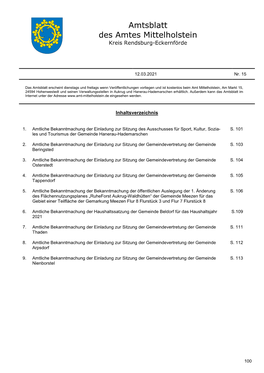 Amtsblatt Des Amtes Mittelholstein Nr.: 15/2021