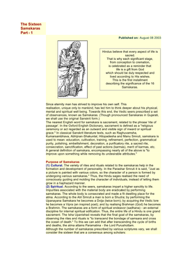 The Sixteen Samskaras Part - 1 Published On: August 08 2003