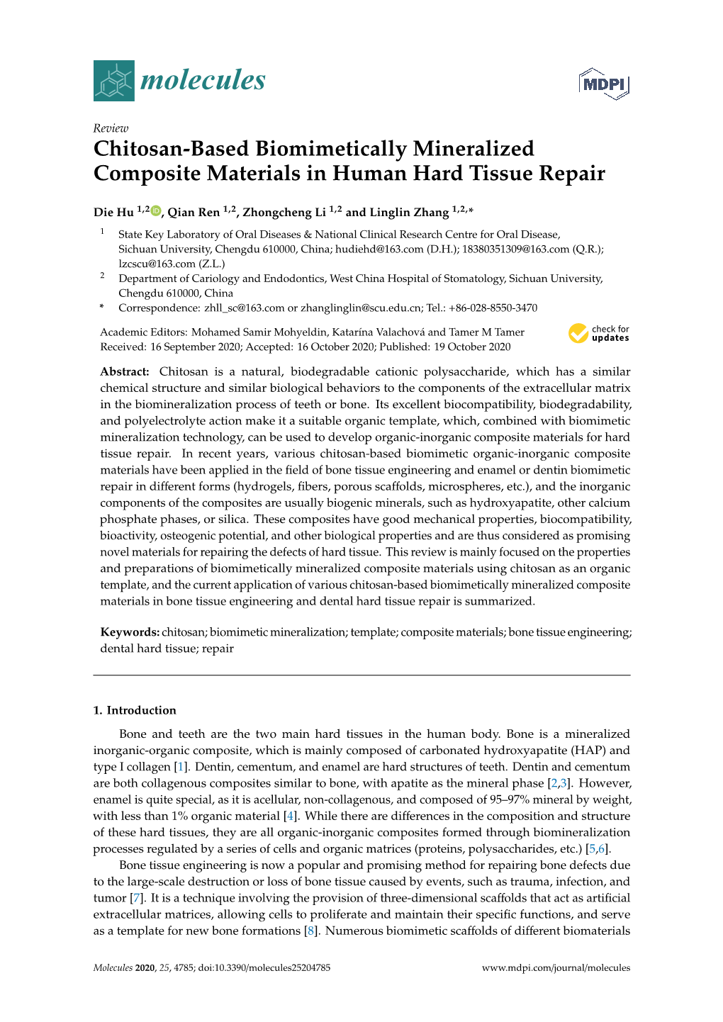 Chitosan-Based Biomimetically Mineralized Composite Materials in Human Hard Tissue Repair