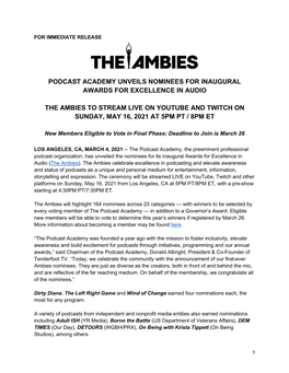 Podcast Academy Unveils Nominees for Inaugural Awards for Excellence in Audio the Ambies to Stream Live on Youtube and Twitch On