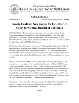 Senate Confirms New Judges for U.S. District Court for Central District of California