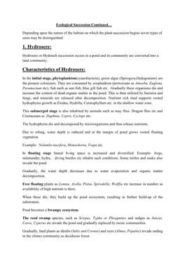 Characteristics of Hydrosere
