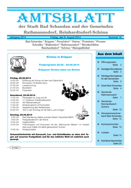 AMTSBLATT Der Stadt Bad Schandau Und Der Gemeinden Rathmannsdorf, Reinhardtsdorf-Schöna Jahrgang 2014 Freitag, Den 8