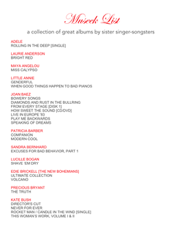 Museek List a Collection of Great Albums by Sister Singer-Songsters