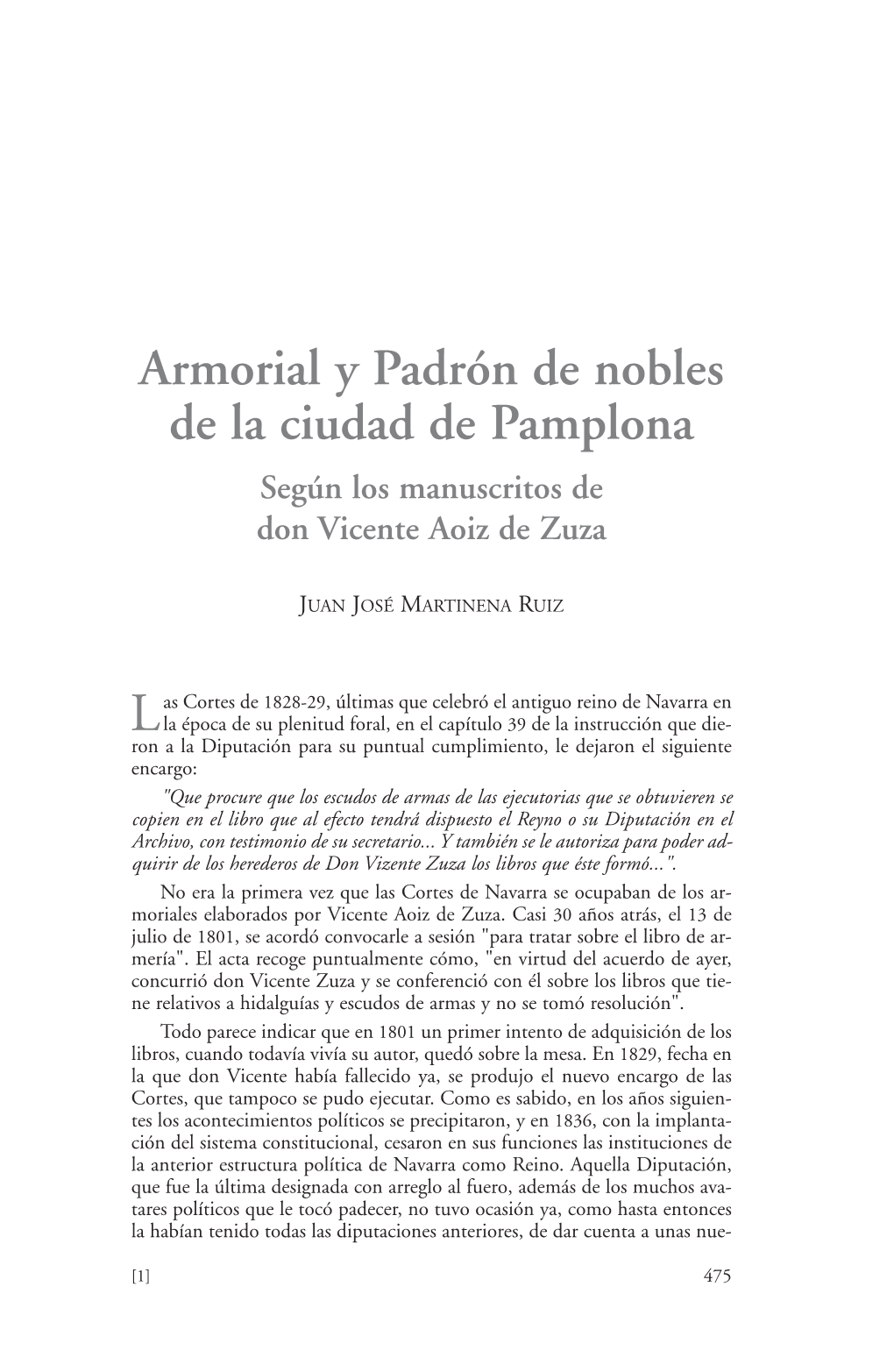 Armorial Y Padrón De Nobles De La Ciudad De Pamplona Según Los Manuscritos De Don Vicente Aoiz De Zuza