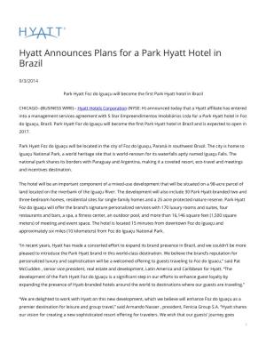 Hyatt Announces Plans for a Park Hyatt Hotel in Brazil