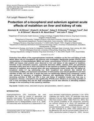 Protection of Α-Tocopherol and Selenium Against Acute Effects of Malathion on Liver and Kidney of Rats