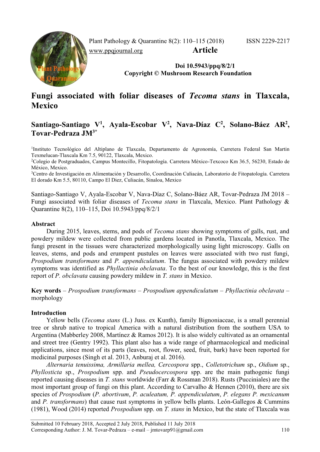 Fungi Associated with Foliar Diseases of Tecoma Stans in Tlaxcala, Mexico