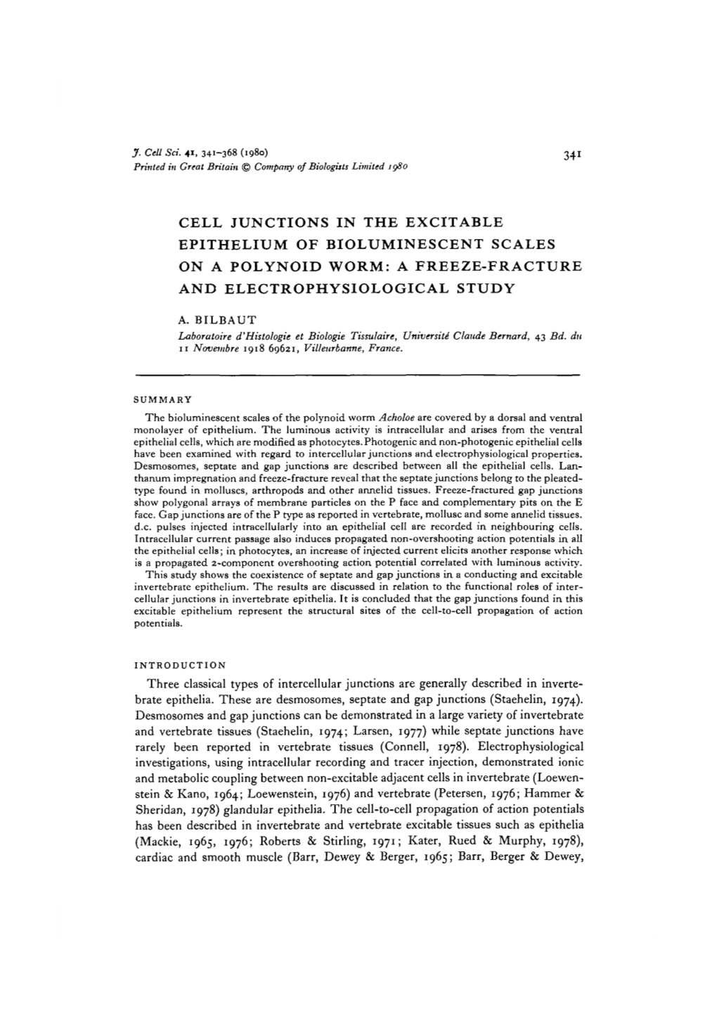 Cell Junctions in the Excitable Epithelium of Bioluminescent Scales on a Polynoid Worm: a Freeze-Fracture and Electrophysiological Study