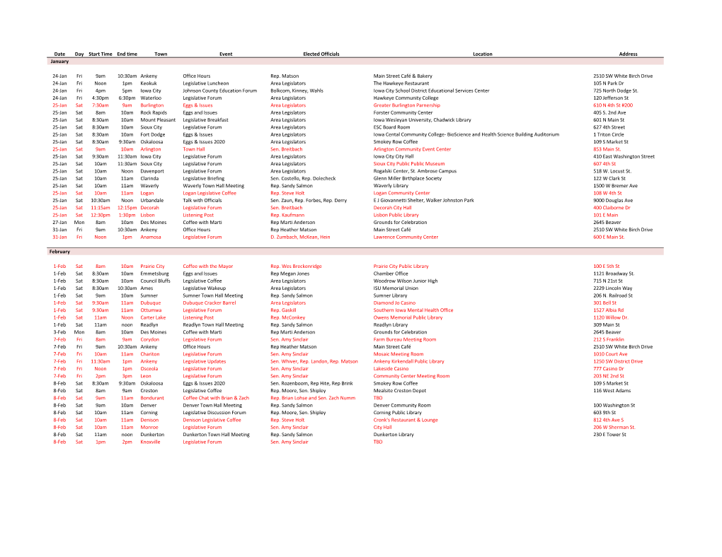 Date Day Start Time End Time Town Event Elected Officials Location Address January