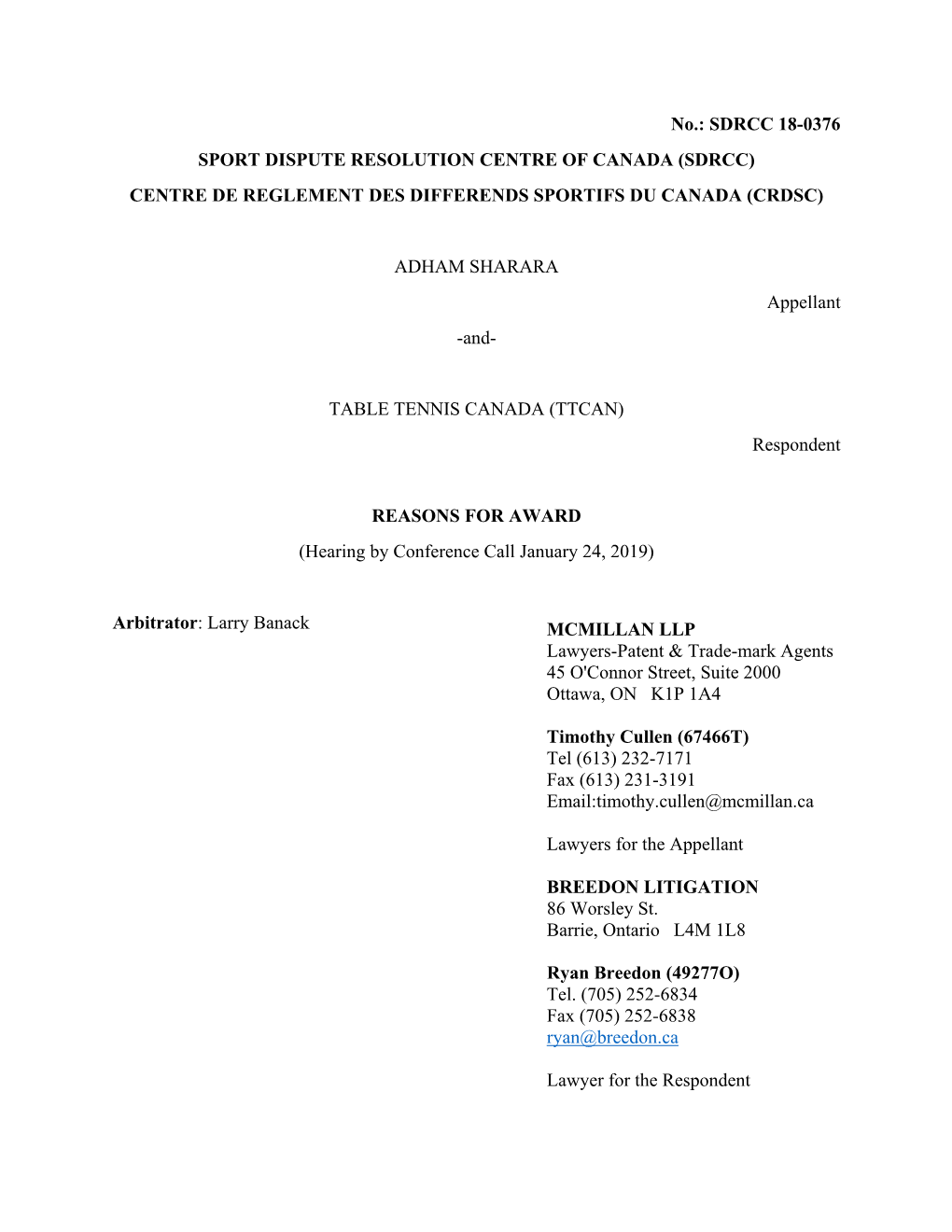 Sdrcc 18-0376 Sport Dispute Resolution Centre of Canada (Sdrcc) Centre De Reglement Des Differends Sportifs Du Canada (Crdsc)