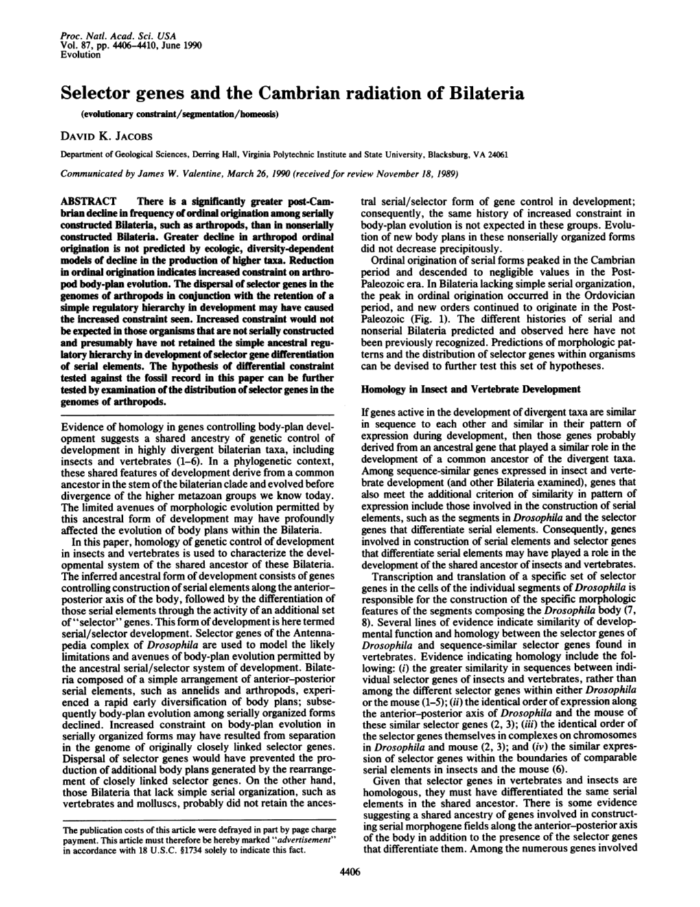 Selector Genes and the Cambrian Radiation of Bilateria (Evolutionary Constraint/Seginentation/Homeosis) DAVID K