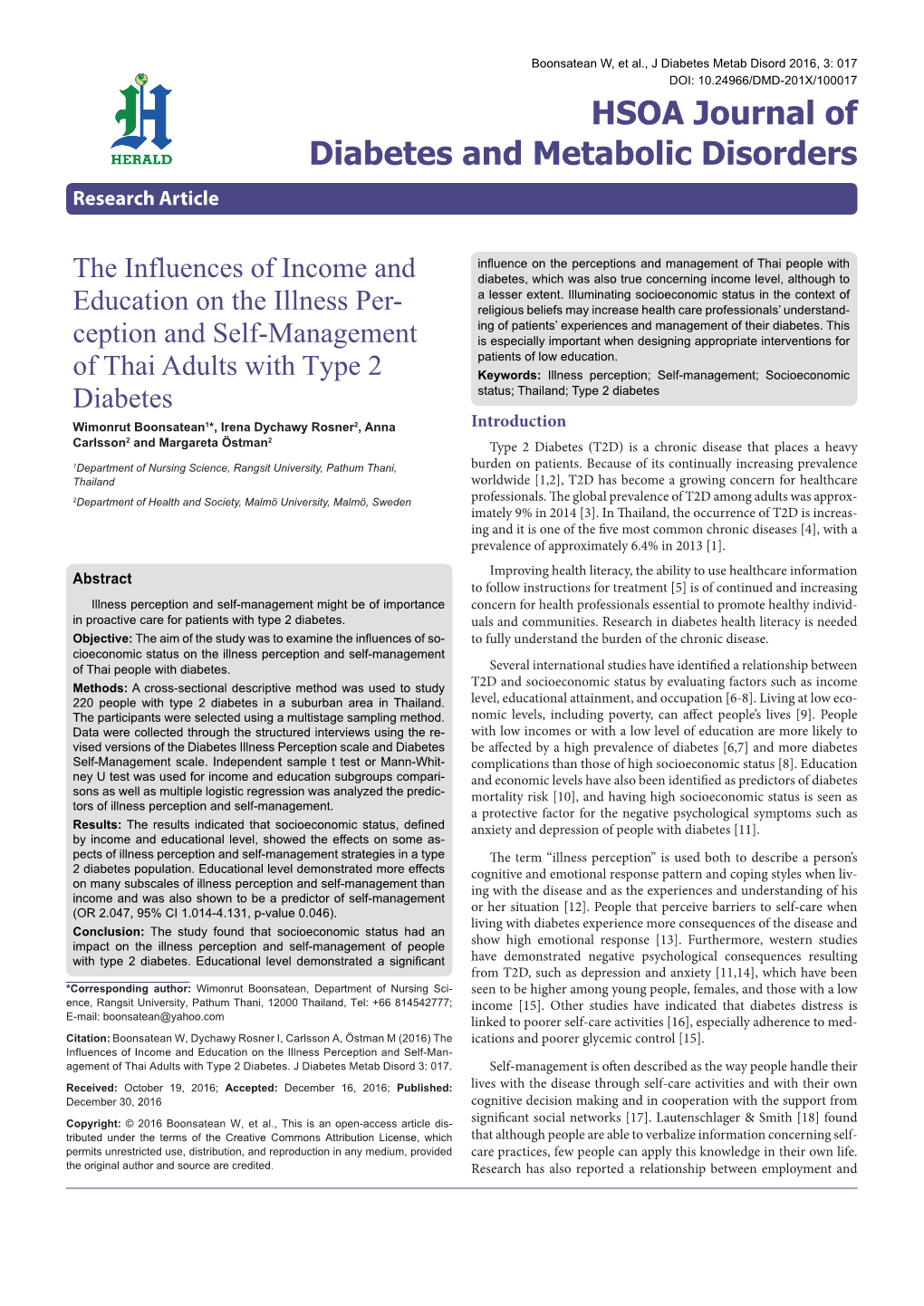 Ception and Self-Management of Thai Adults with Type 2 Diabetes