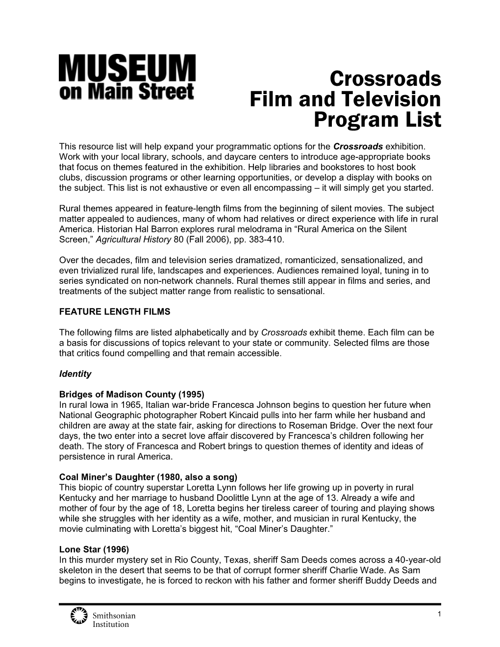 Crossroads Film and Television Program List