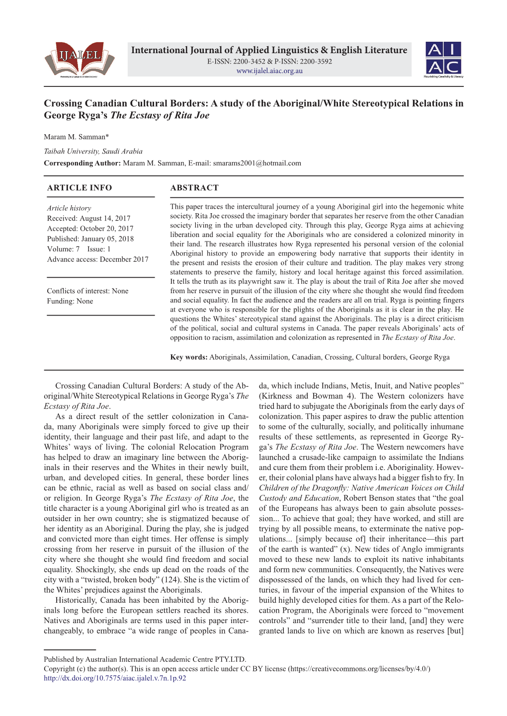 Crossing Canadian Cultural Borders: a Study of the Aboriginal/White Stereotypical Relations in George Ryga's the Ecstasy of Ri