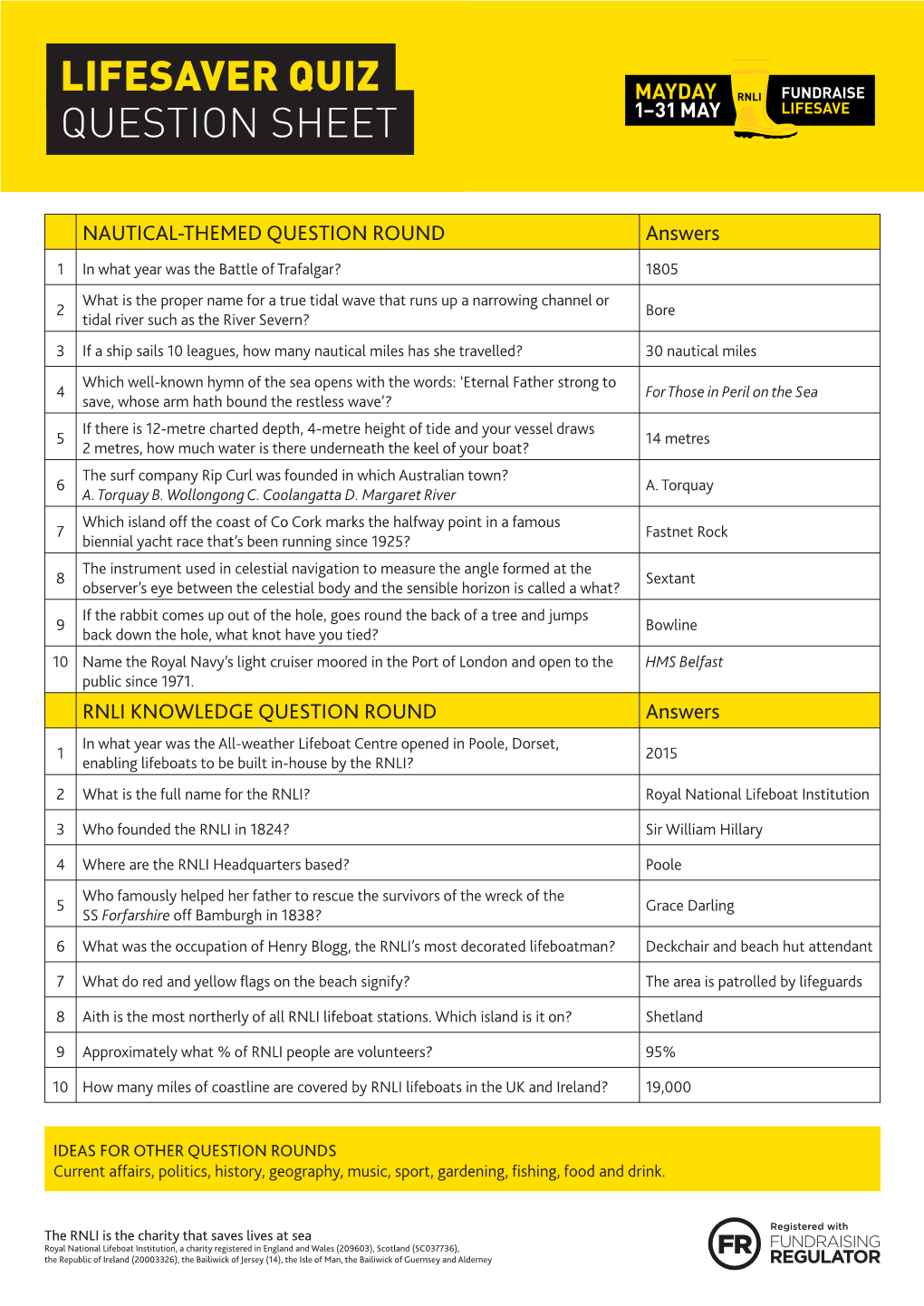 Lifesaver Quiz Question Sheet