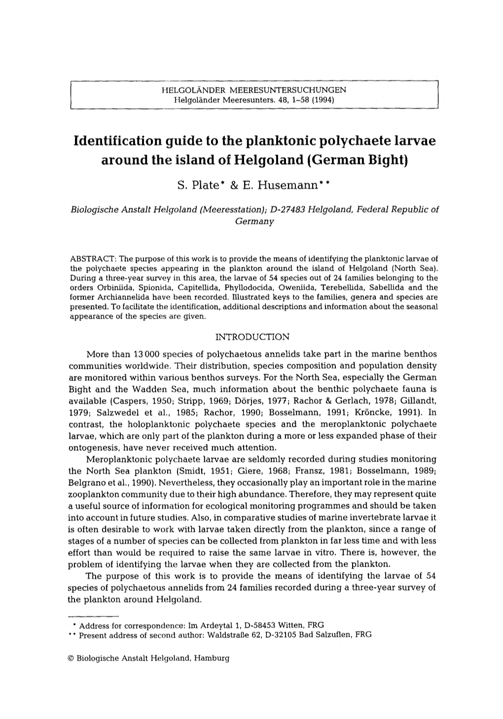 Identification Guide to the Planktonic Polychaete Larvae Around the Island of Helgoland (German Bight)