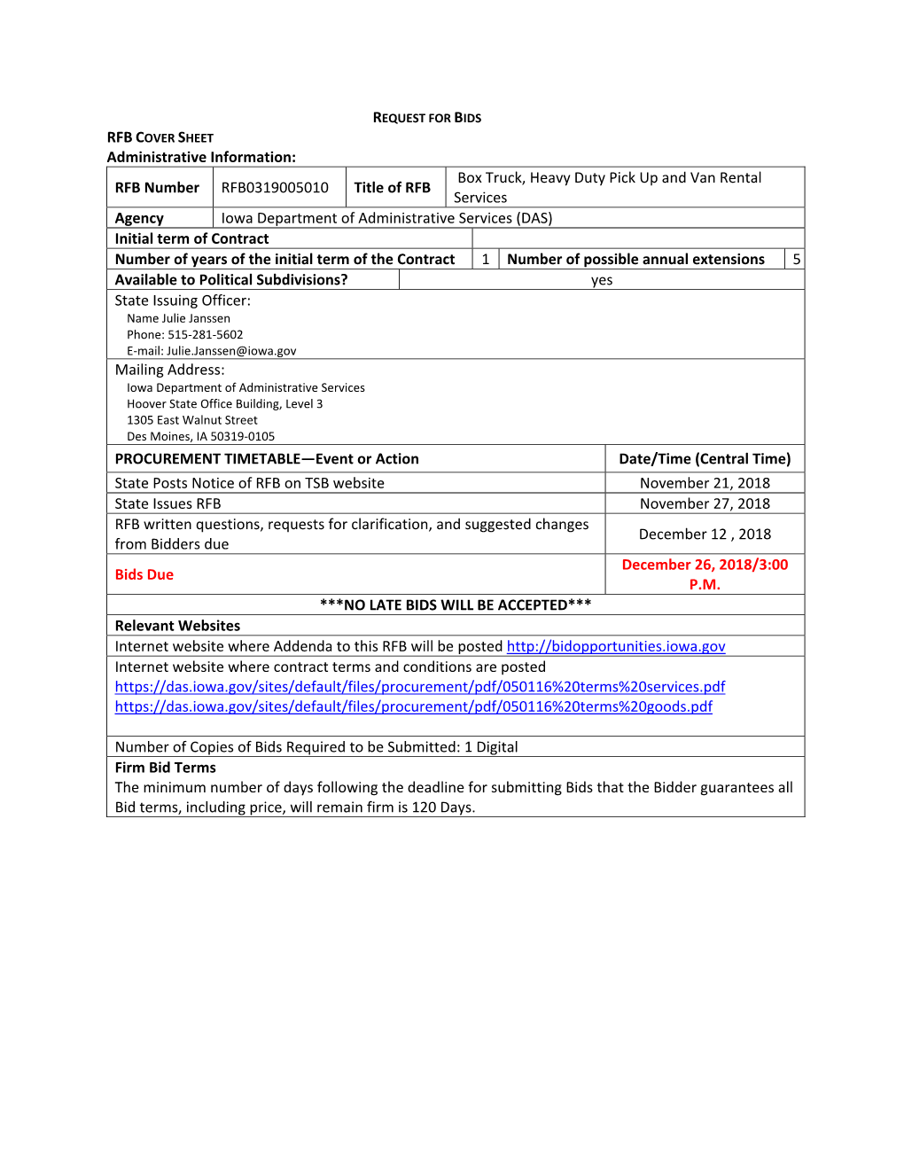 RFB Number RFB0319005010 Title of RFB Box Truck, Heavy Duty Pick up and Van Rental