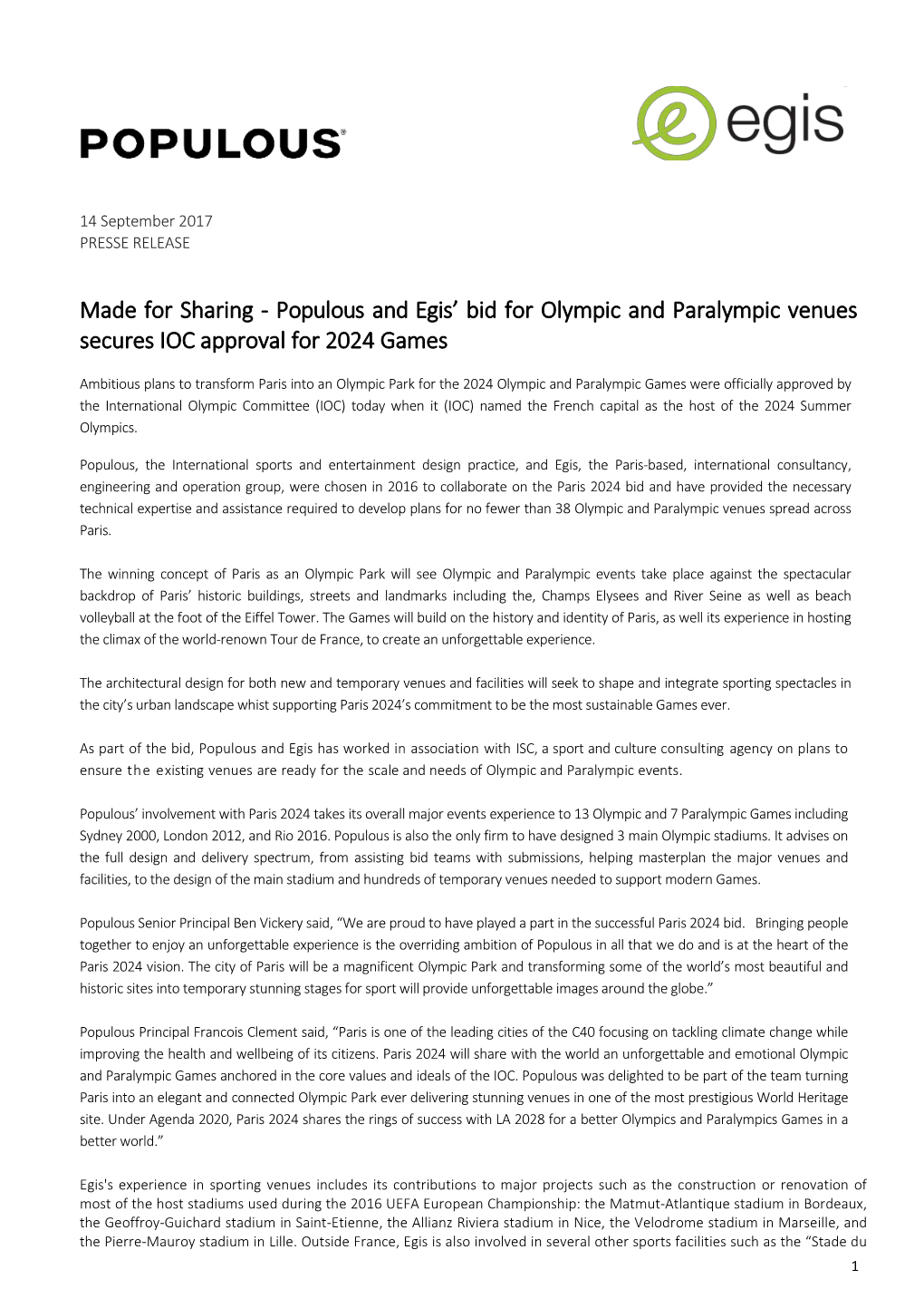 Populous and Egis' Bid for Olympic and Paralympic