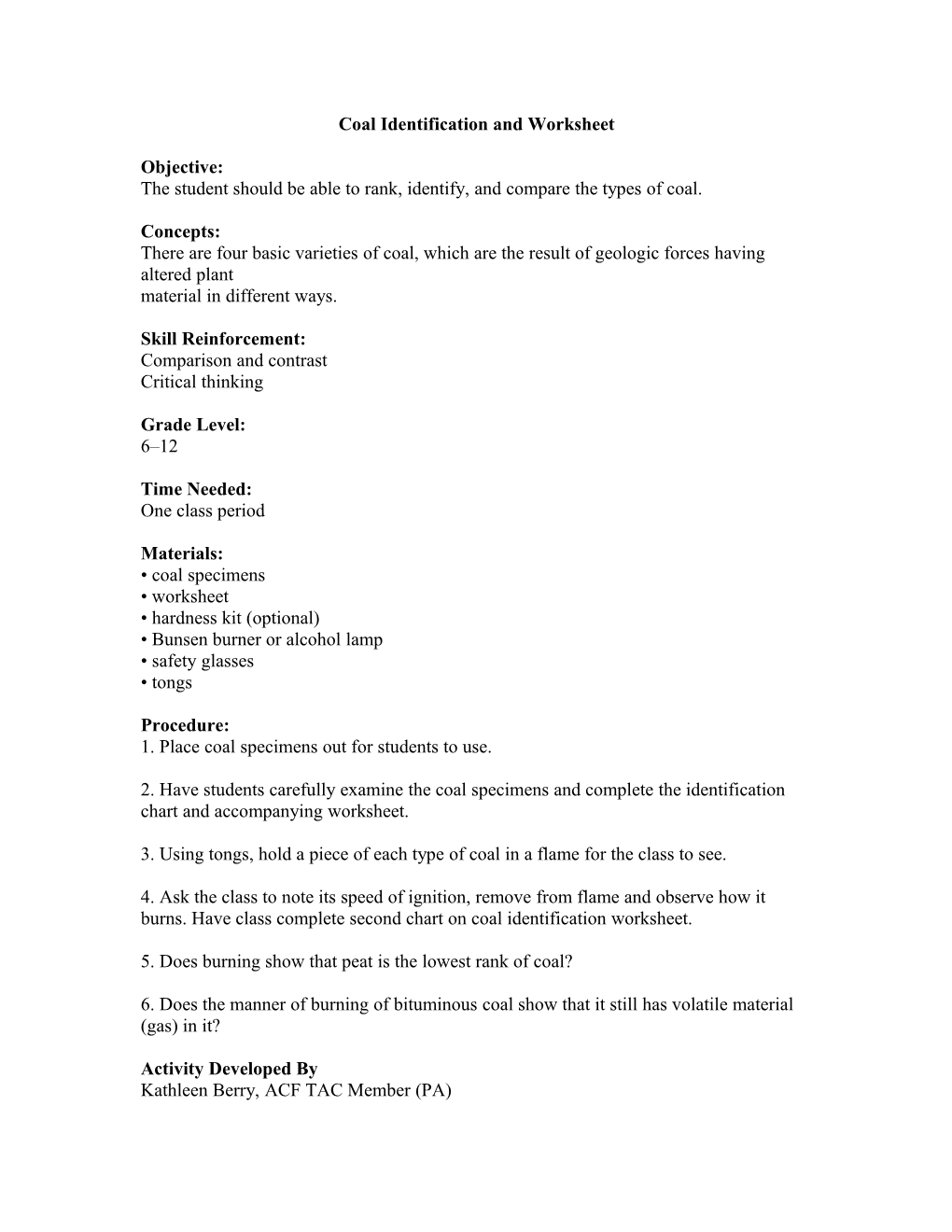 Coal Identification And Worksheet