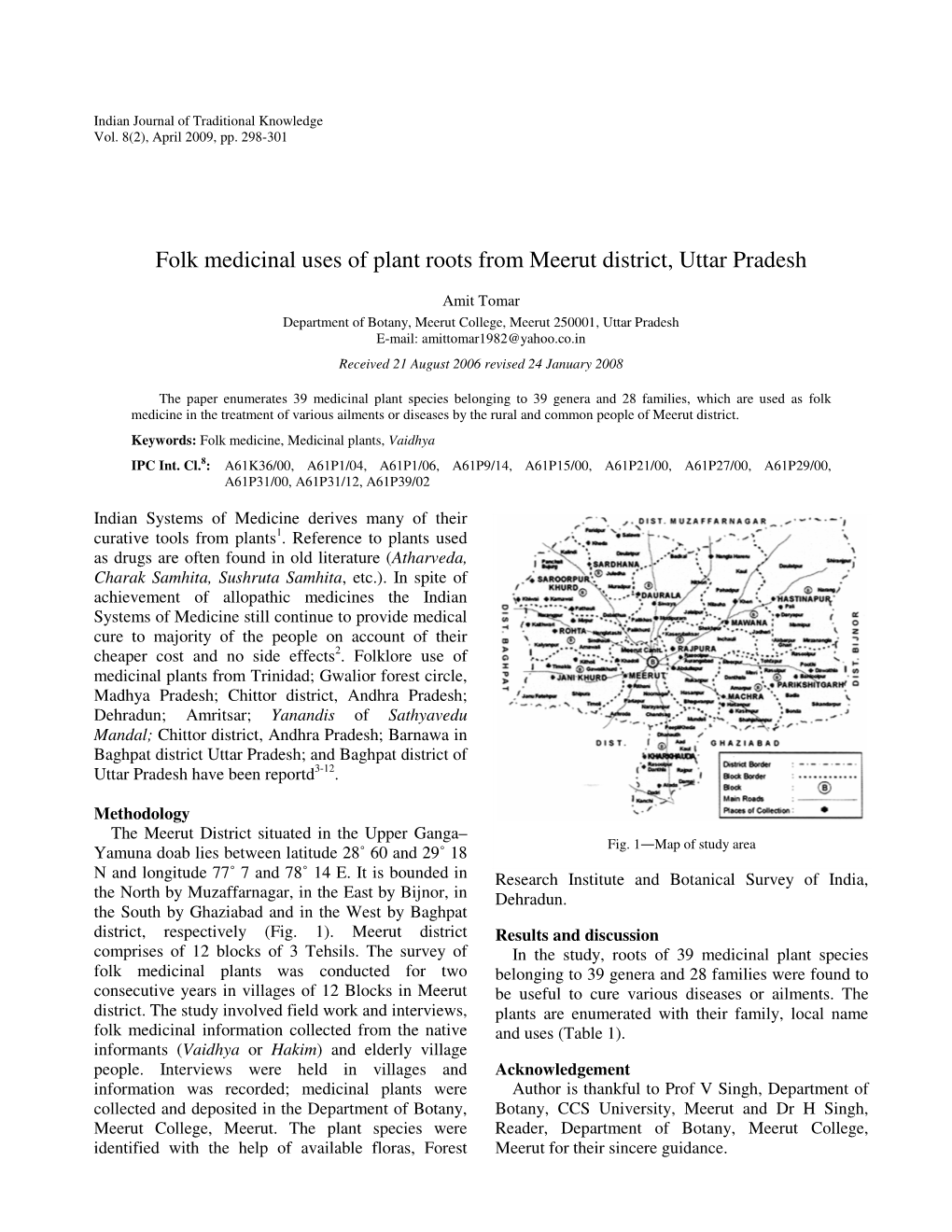 Folk Medicinal Uses of Plant Roots from Meerut District, Uttar Pradesh