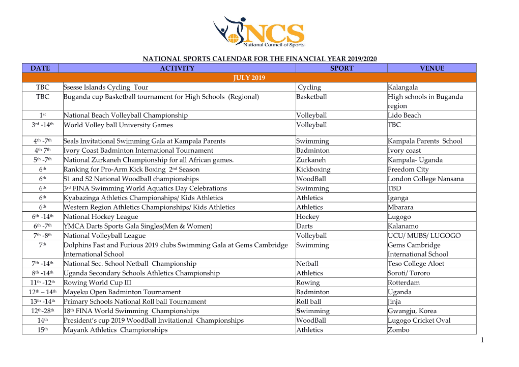 National Sports Calendar for the Financial Year 2019