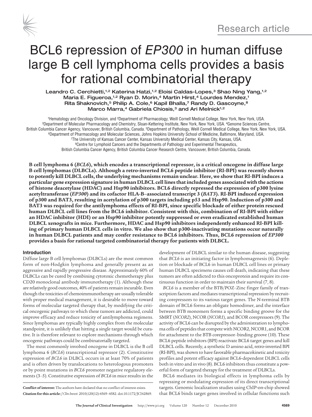 BCL6 Repression of EP300 in Human Diffuse Large B Cell Lymphoma Cells Provides a Basis for Rational Combinatorial Therapy Leandro C