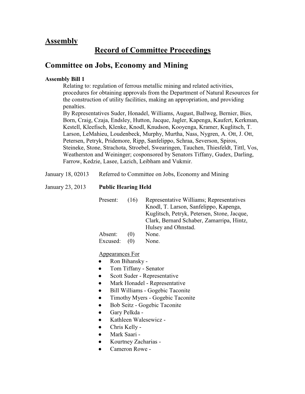 Assembly Record of Committee Proceedings Committee on Jobs