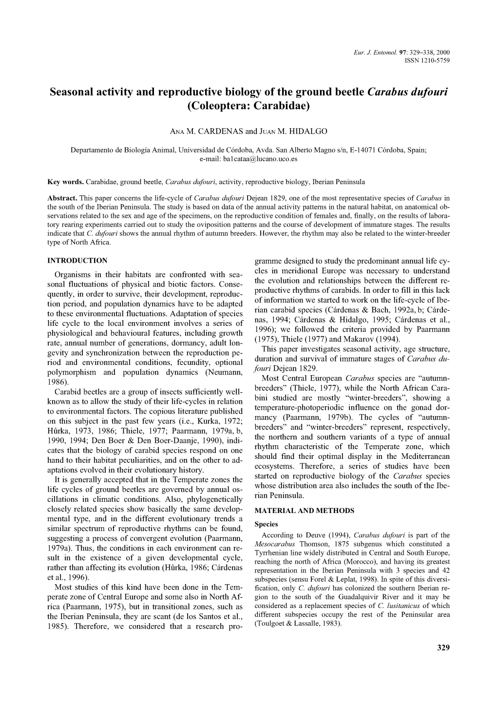 Seasonal Activity and Reproductive Biology of the Ground Beetle Carabus Dufouri (Coleoptera: Carabidae)