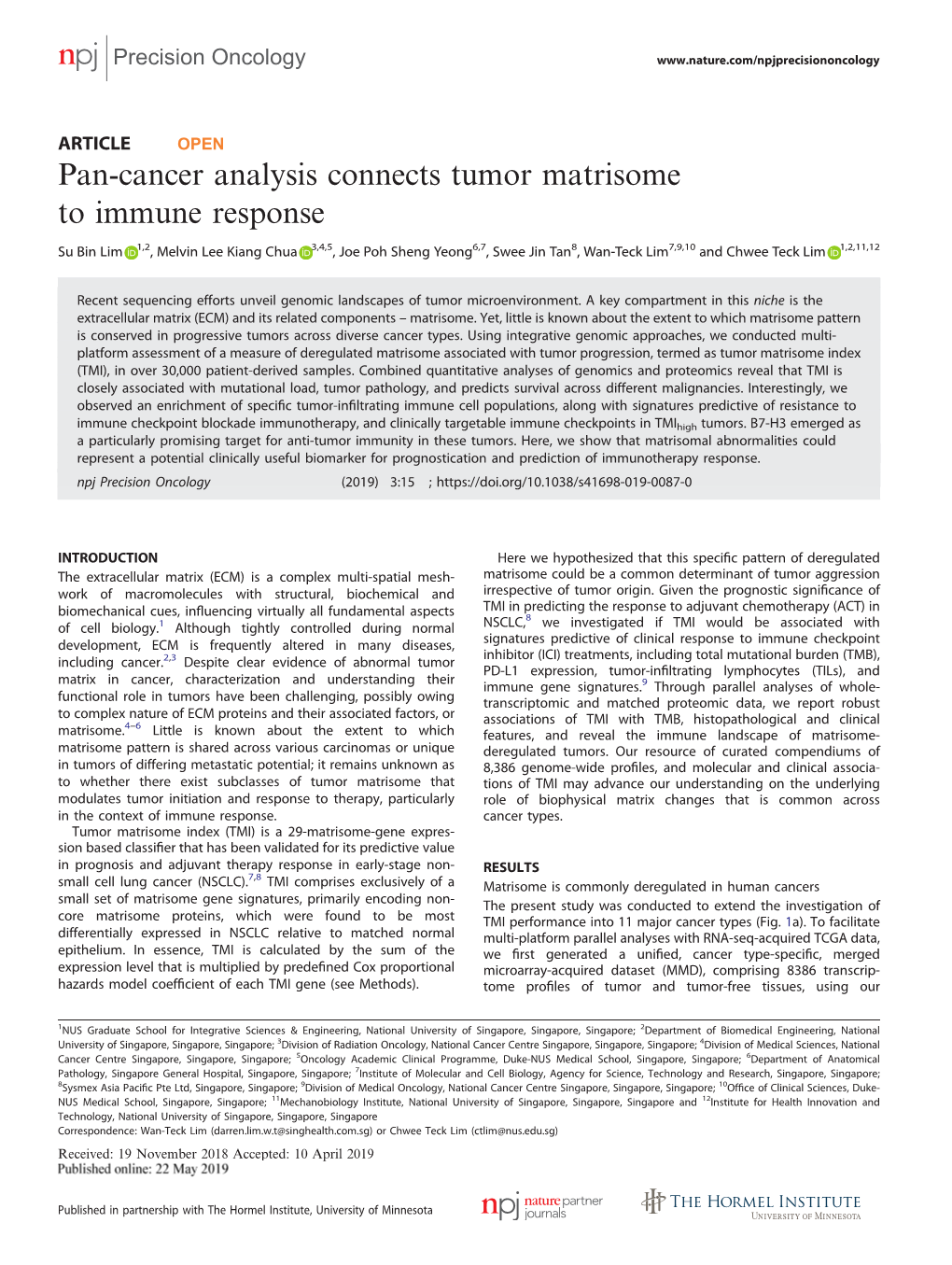 Pan-Cancer Analysis Connects Tumor Matrisome to Immune Response