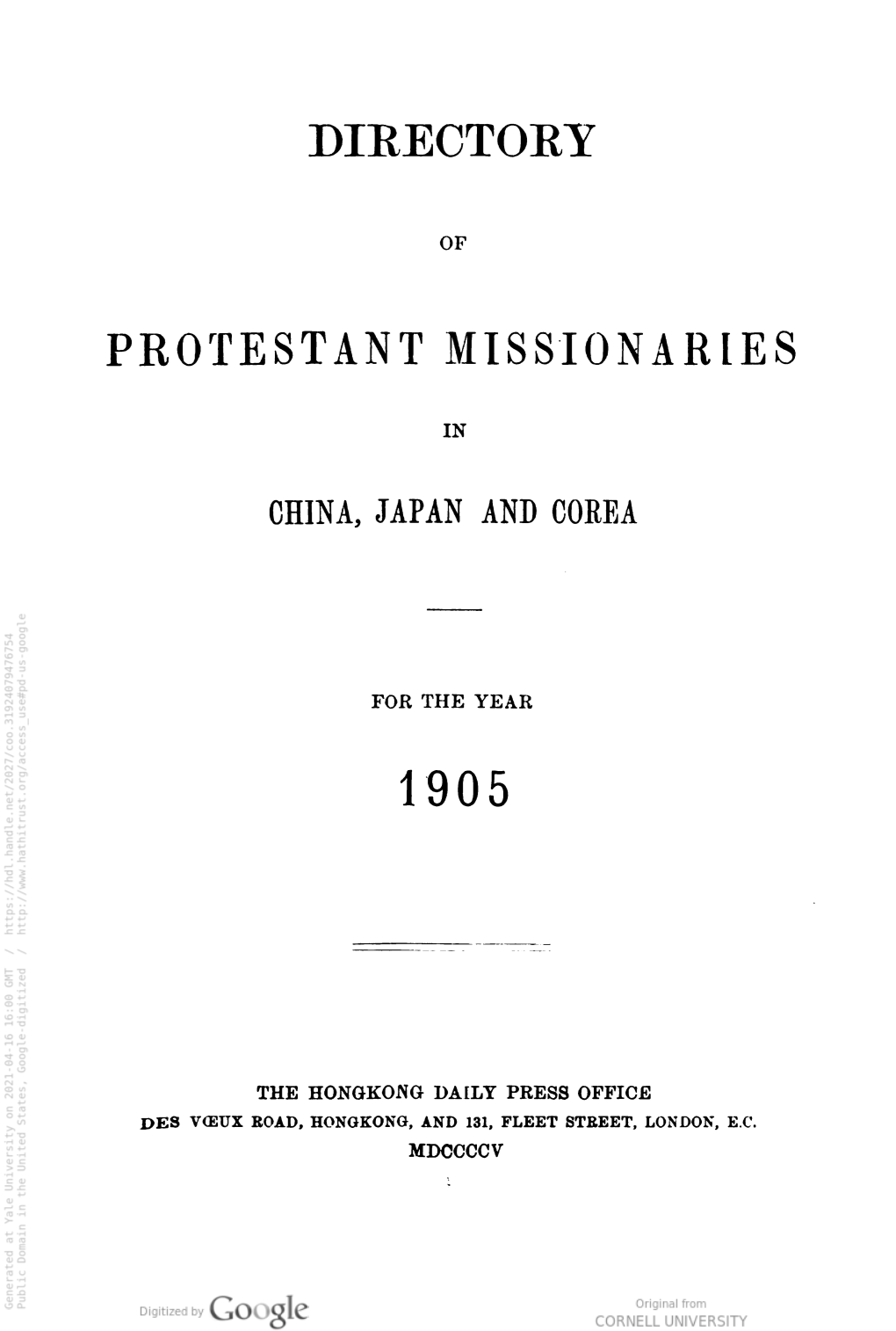 Directory of Protestant Missionaries in China