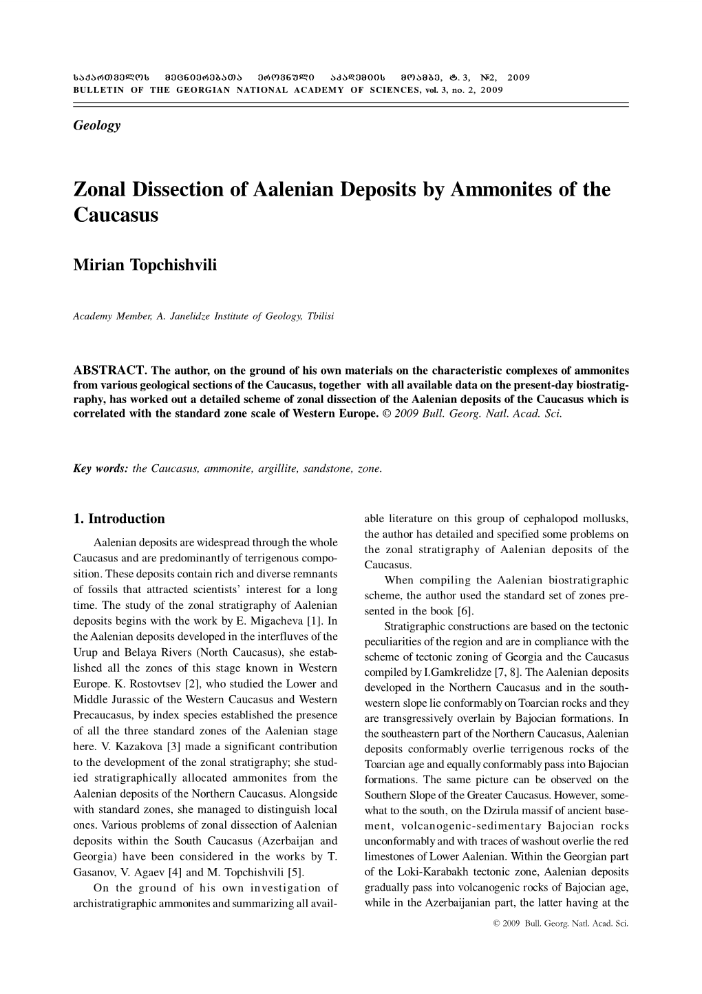 Zonal Dissection of Aalenian Deposits by Ammonites of the Caucasus