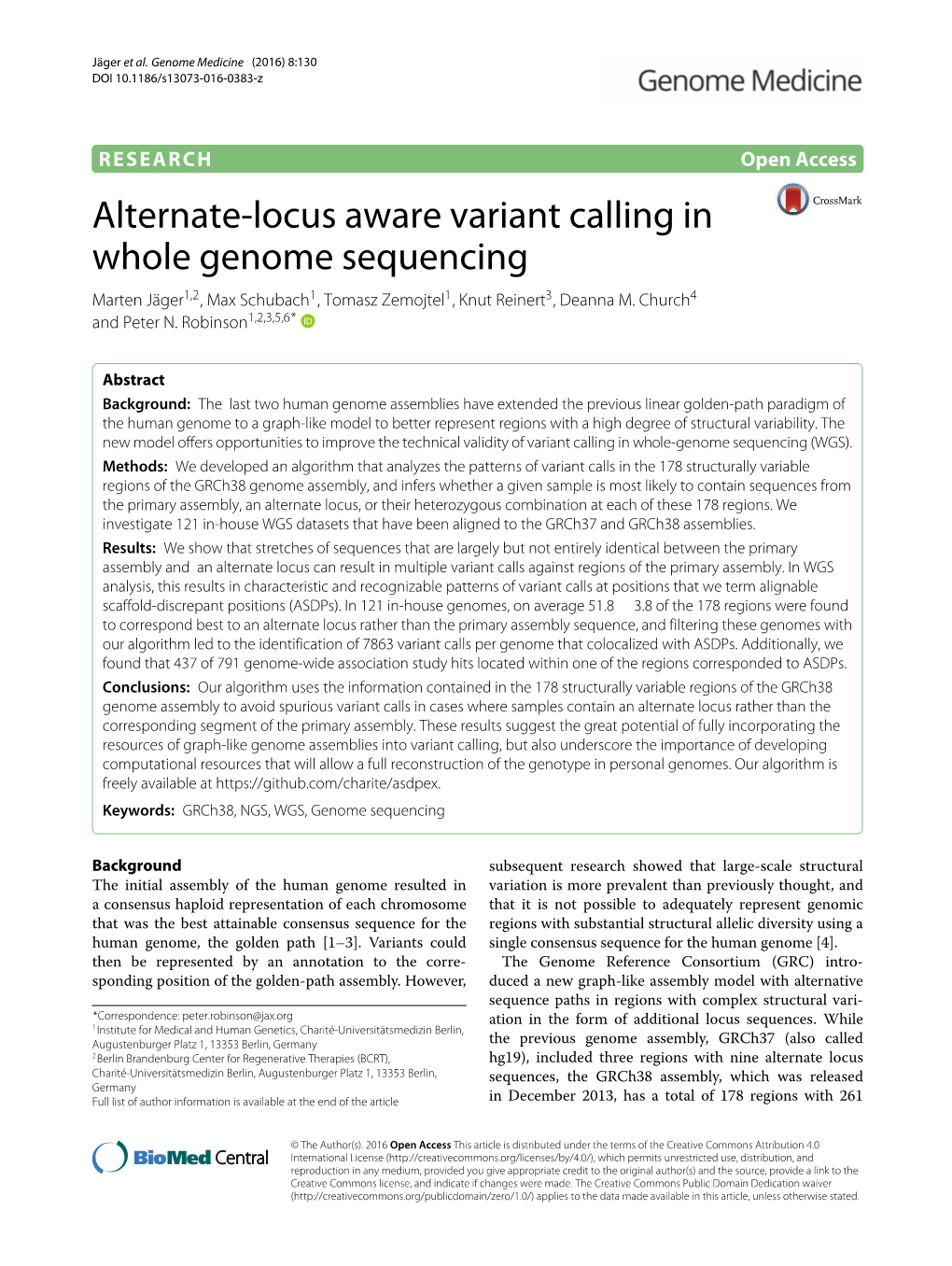 Alternate-Locus Aware Variant Calling in Whole Genome Sequencing Marten Jäger1,2, Max Schubach1, Tomasz Zemojtel1,Knutreinert3, Deanna M