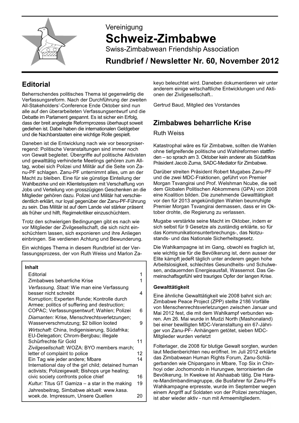 Schweiz-Zimbabwe Swiss-Zimbabwean Friendship Association Rundbrief / Newsletter Nr