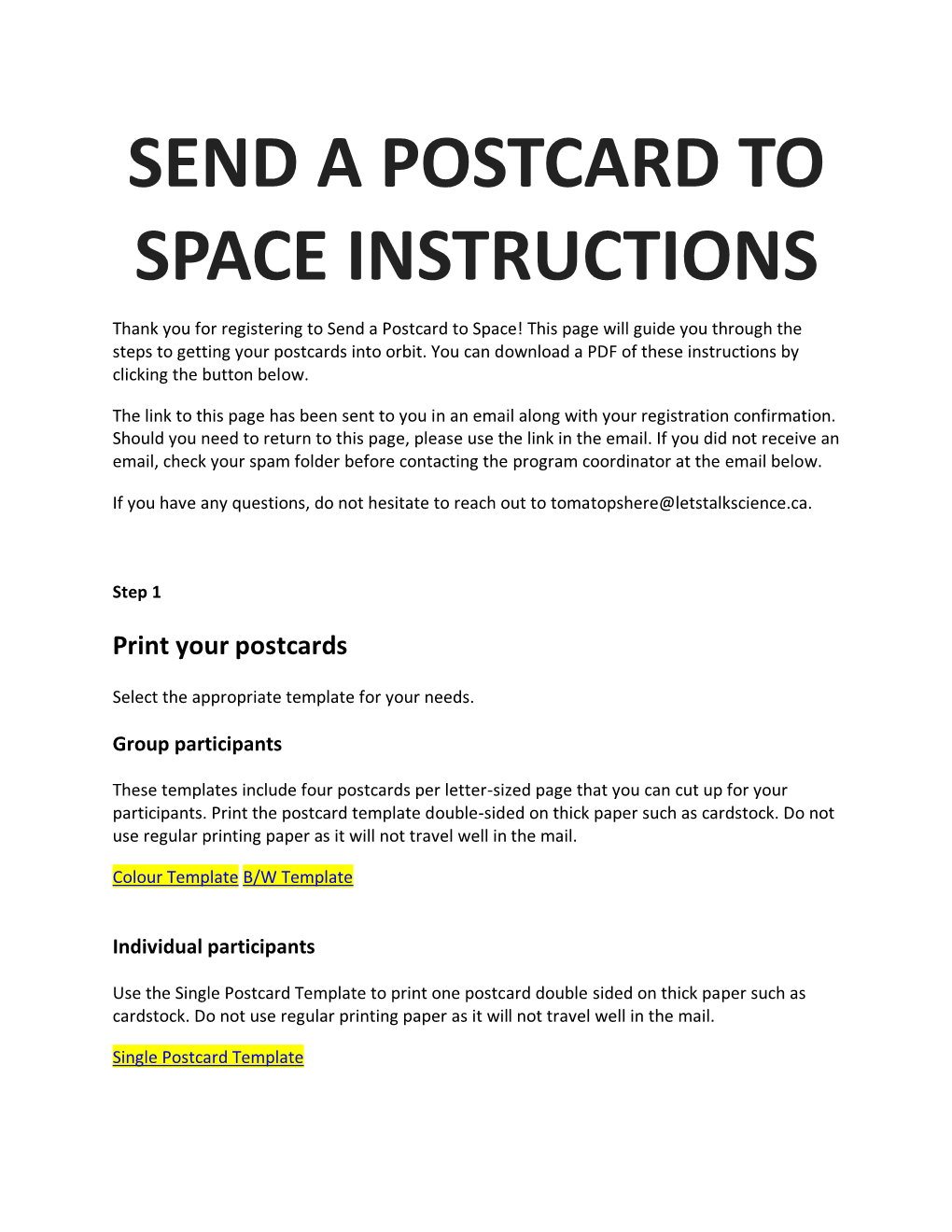 Send a Postcard to Space Instructions