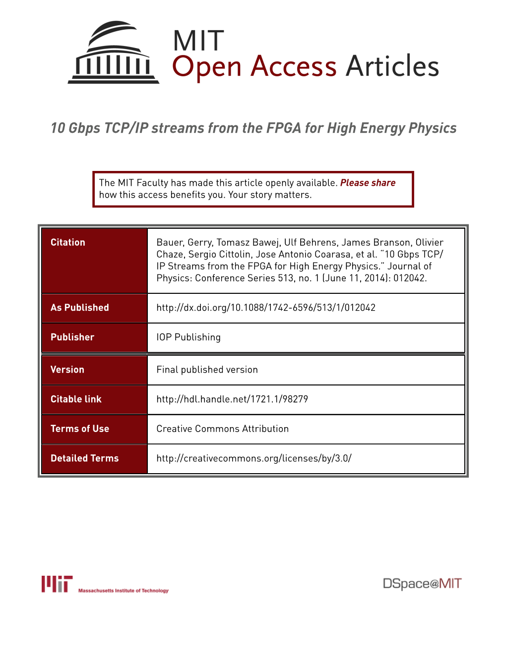 10 Gbps TCP/IP Streams from the FPGA for High Energy Physics