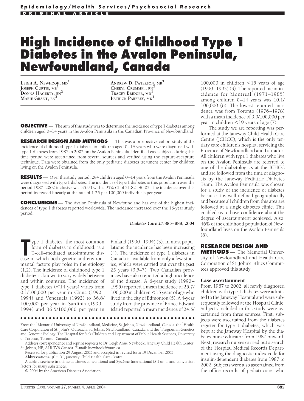 High Incidence of Childhood Type 1 Diabetes in the Avalon Peninsula, Newfoundland, Canada