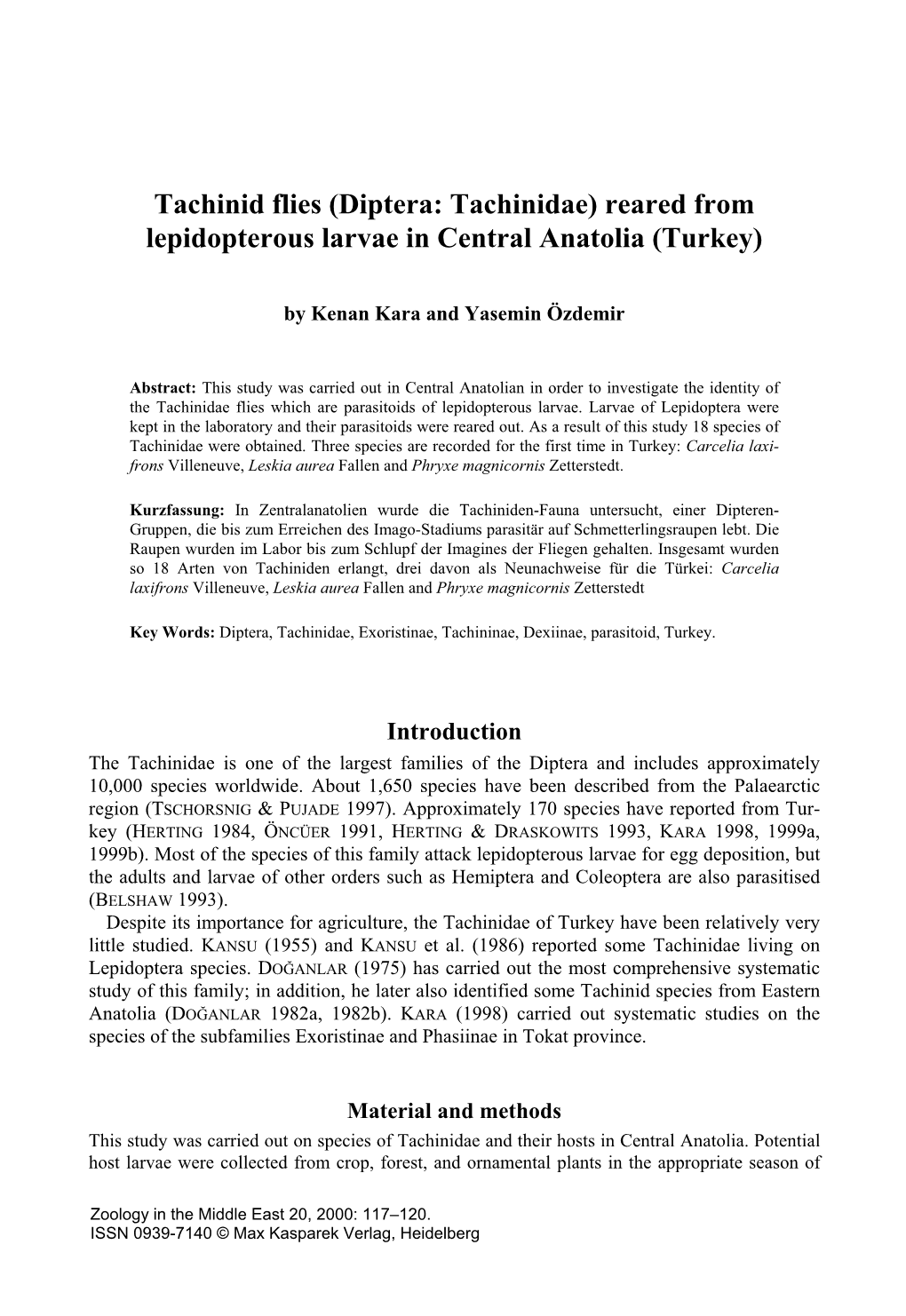 Tachinid Flies (Diptera: Tachinidae) Reared from Lepidopterous Larvae in Central Anatolia (Turkey)