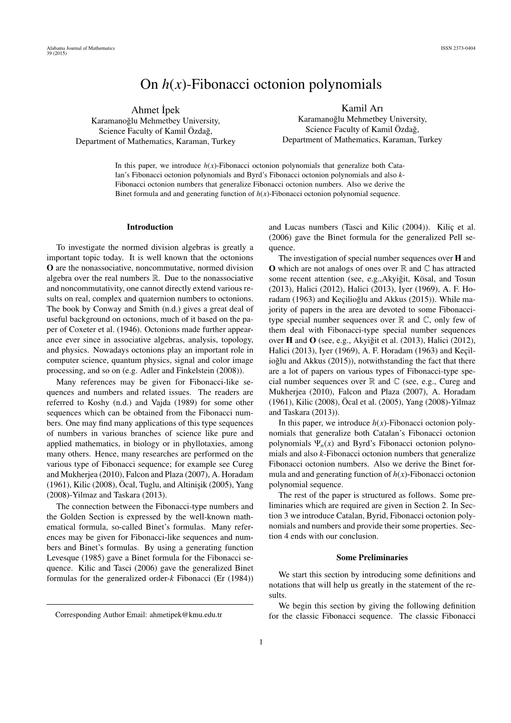 On H(X)-Fibonacci Octonion Polynomials, Ahmet Ipek & Kamil