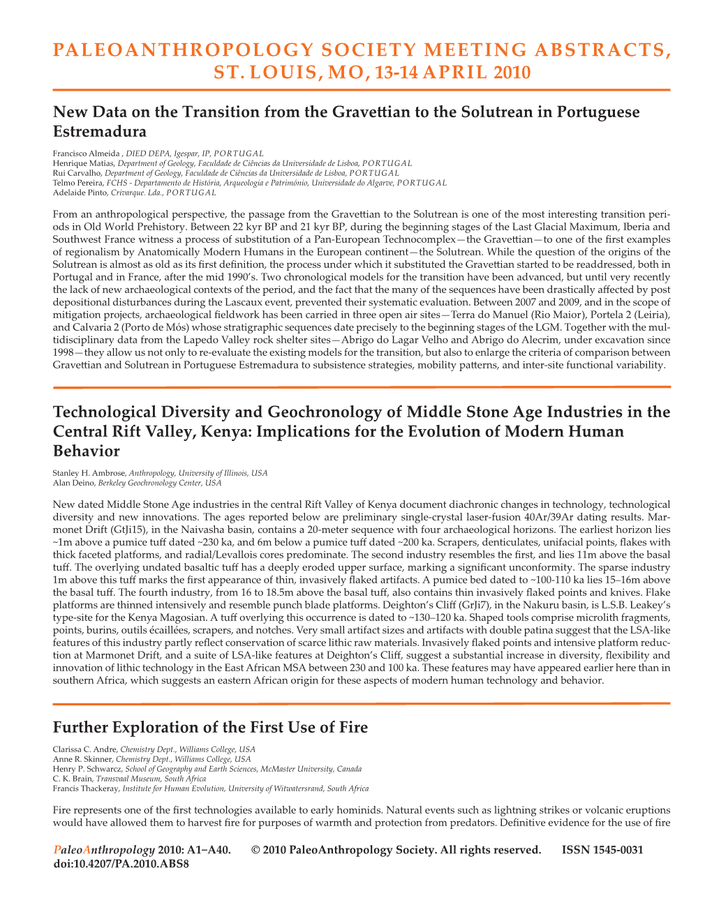 Paleoanthropology Society Meeting Abstracts, St. Louis, Mo, 13-14 April 2010