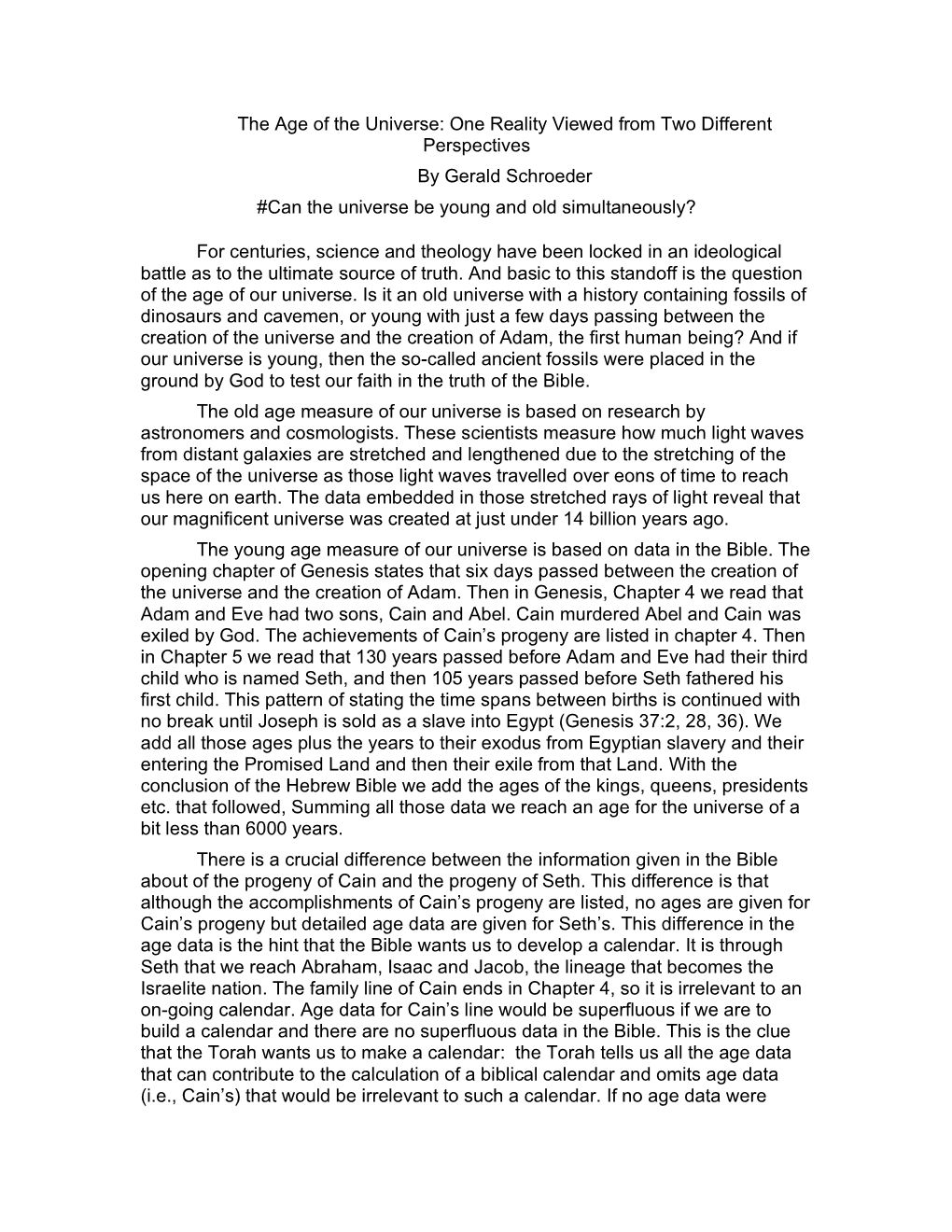 The Age of the Universe: One Reality Viewed from Two Different Perspectives by Gerald Schroeder #Can the Universe Be Young and Old Simultaneously?