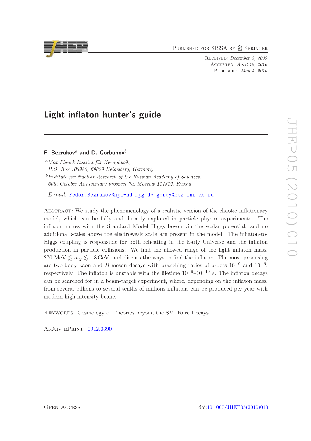 JHEP05(2010)010 , 6 − Ing Springer and 10 May 4, 2010 9 : April 19, 2010 − : Tic Inﬂationary December 3, 2009 : Published Lar Potential, and No S